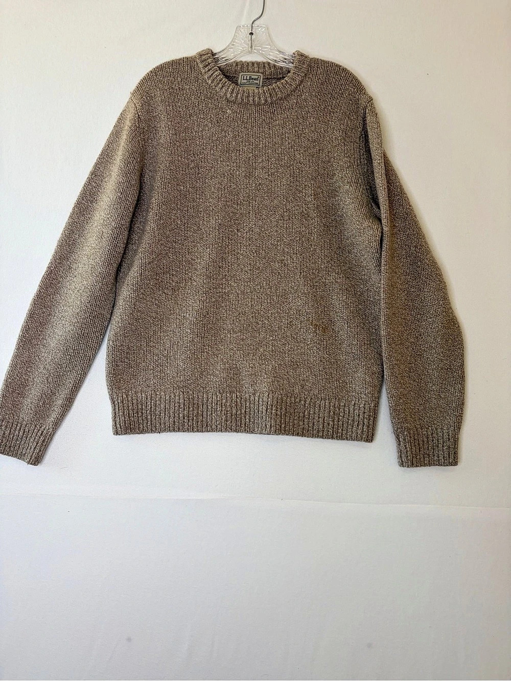 L.L. Bean 100% Lambswool Crewneck Sweater Men's M Oatmeal Brown Marled Knit Pull